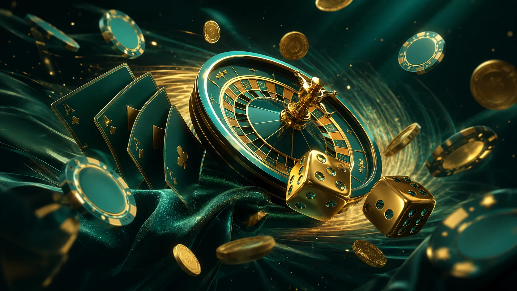 Macro shot capturing a high-value casino setup with dice and poker chips, reflecting Dicespin's luxury theme in vibrant hues.