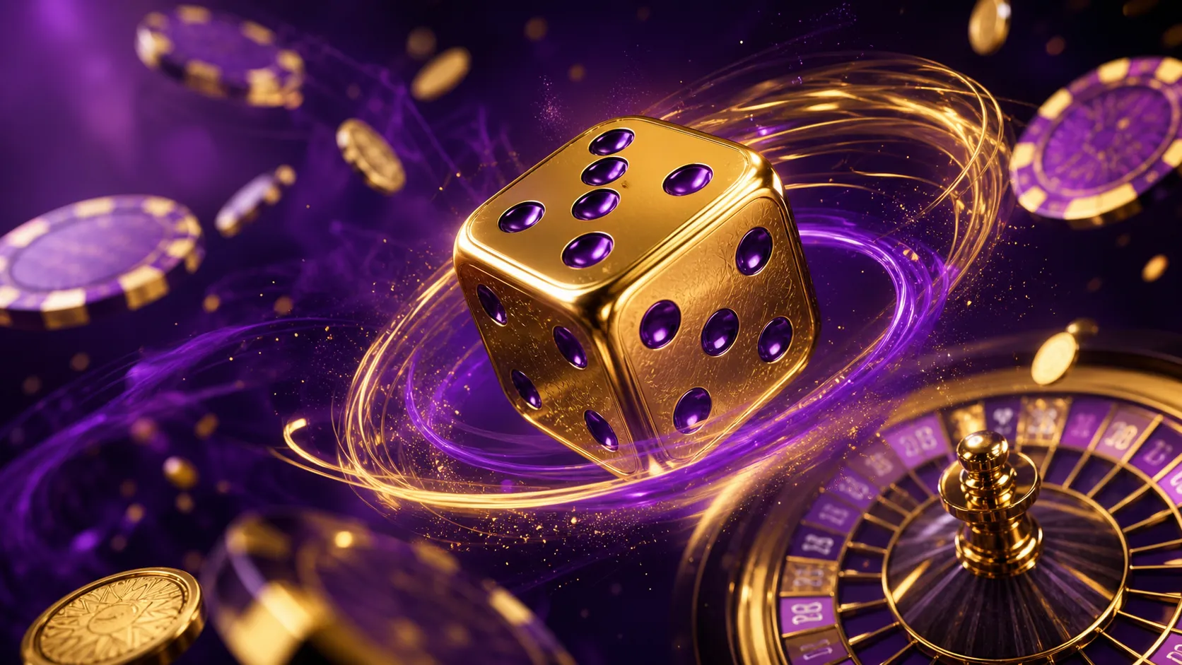 Vibrant casino-themed image featuring glossy dice, colorful poker chips, and elegant roulette wheel in motion.
