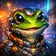 A vibrant cartoon avatar of a frog with expressive eyes and a wide smile, set against a colorful abstract background.